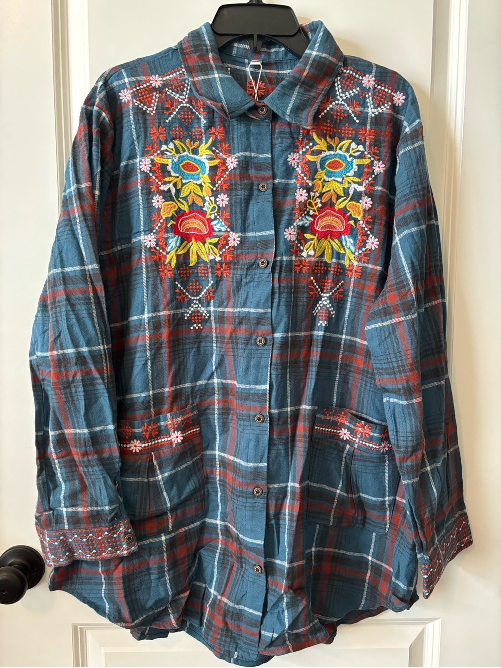 KOMILI 3XL Embroidered Plaid Button Front Tunic Shacket Boho Floral Top NEW